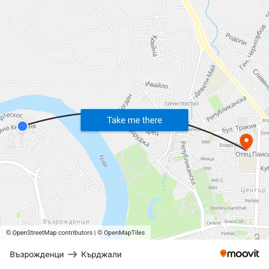 Възрожденци to Кърджали map