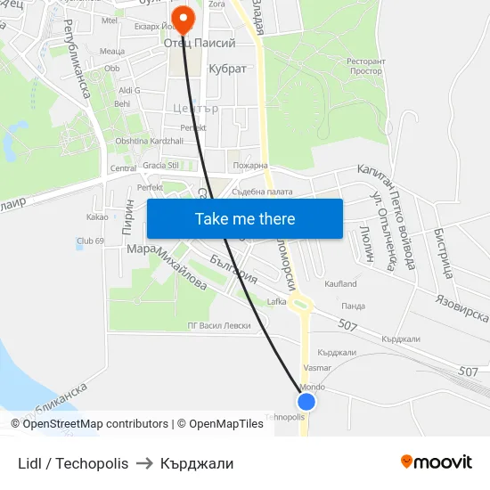 Lidl / Techopolis to Кърджали map