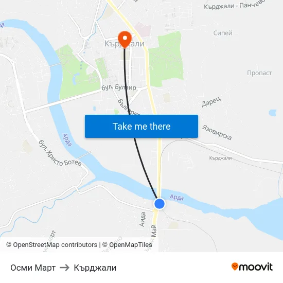 Осми Март to Кърджали map