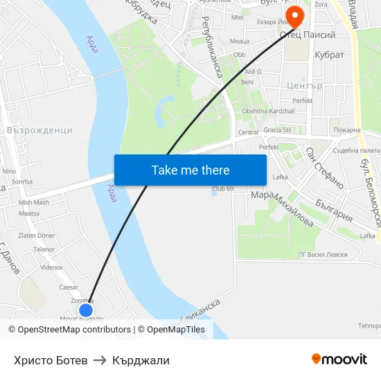 Христо Ботев to Кърджали map