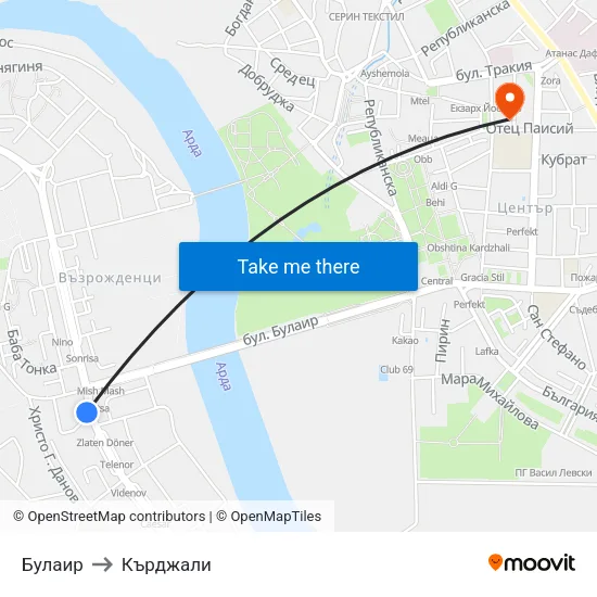 Булаир to Кърджали map