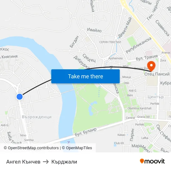 Ангел Кънчев to Кърджали map