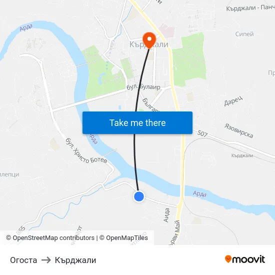 Огоста to Кърджали map