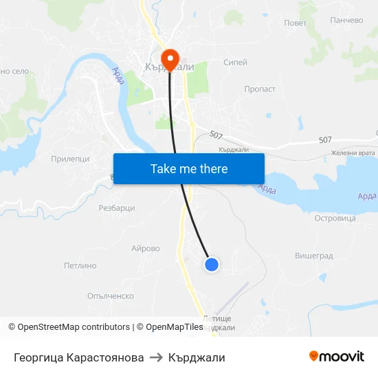 Георгица Карастоянова to Кърджали map