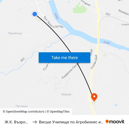 Ж.К. Възрожденци, Блок 35 to Висше Училище по Агробизнес и Развитие на Регионите - Кърджали map