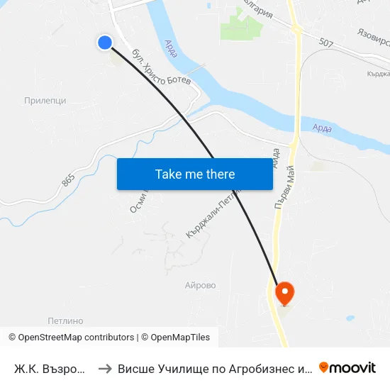 Ж.К. Възрожденци, Блок 35 to Висше Училище по Агробизнес и Развитие на Регионите - Кърджали map