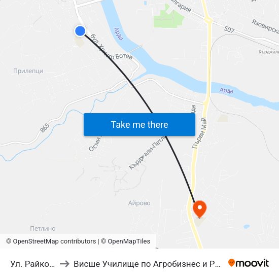 Ул. Райко Жинзифов to Висше Училище по Агробизнес и Развитие на Регионите - Кърджали map