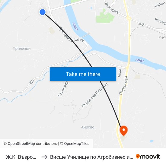 Ж.К. Възрожденци, Блок 37 to Висше Училище по Агробизнес и Развитие на Регионите - Кърджали map