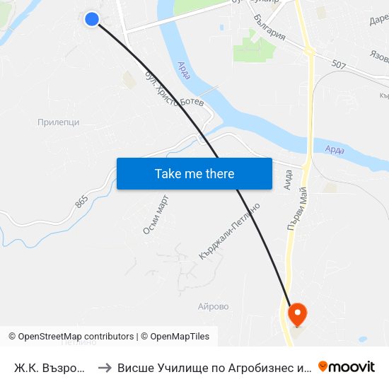Ж.К. Възрожденци, Блок 52 to Висше Училище по Агробизнес и Развитие на Регионите - Кърджали map