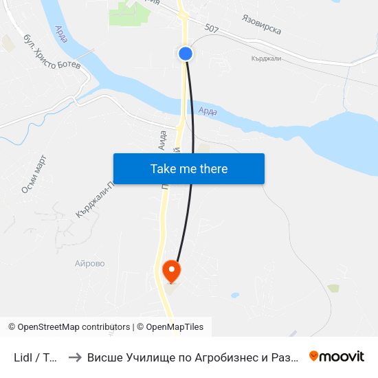 Lidl / Techopolis to Висше Училище по Агробизнес и Развитие на Регионите - Кърджали map