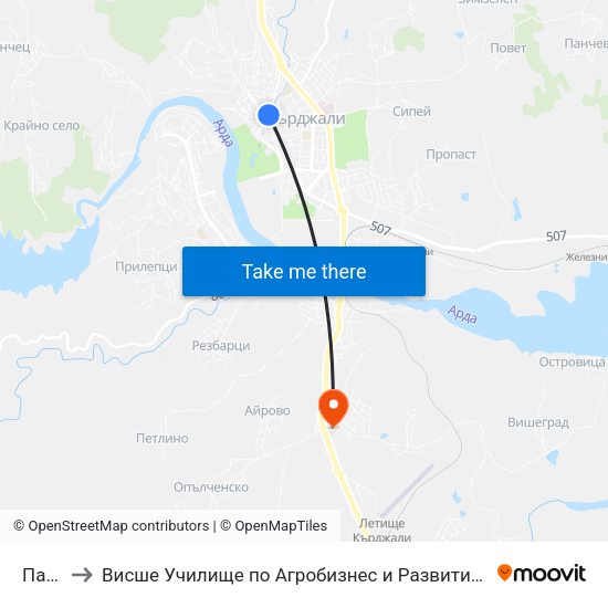 Пазара to Висше Училище по Агробизнес и Развитие на Регионите - Кърджали map