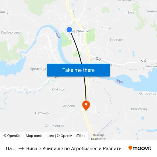 Пазара to Висше Училище по Агробизнес и Развитие на Регионите - Кърджали map