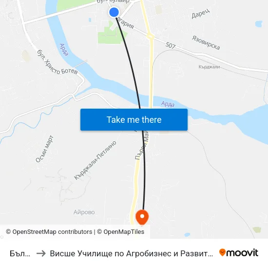 България to Висше Училище по Агробизнес и Развитие на Регионите - Кърджали map