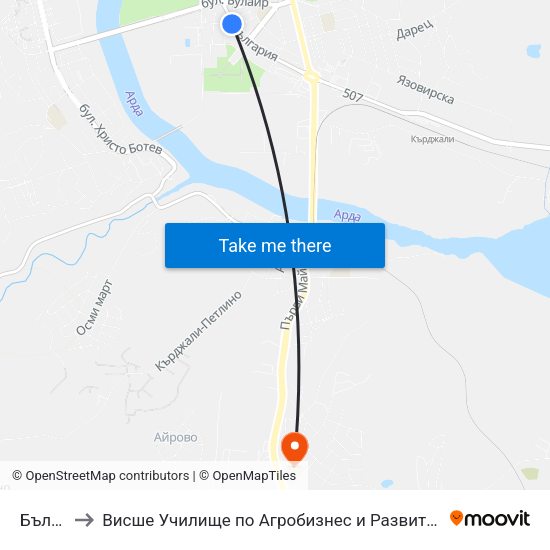 България to Висше Училище по Агробизнес и Развитие на Регионите - Кърджали map