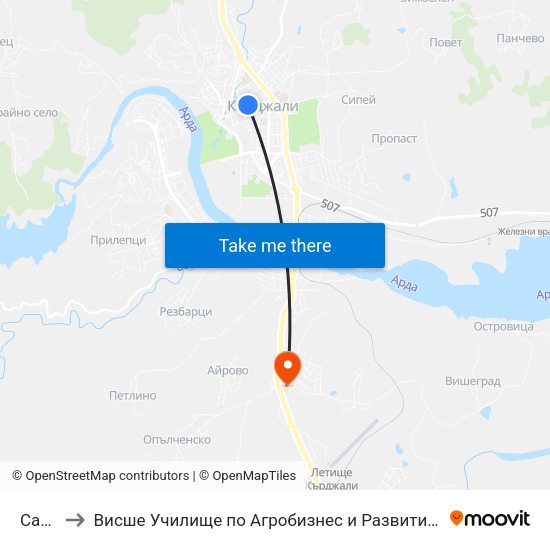 Самуил to Висше Училище по Агробизнес и Развитие на Регионите - Кърджали map