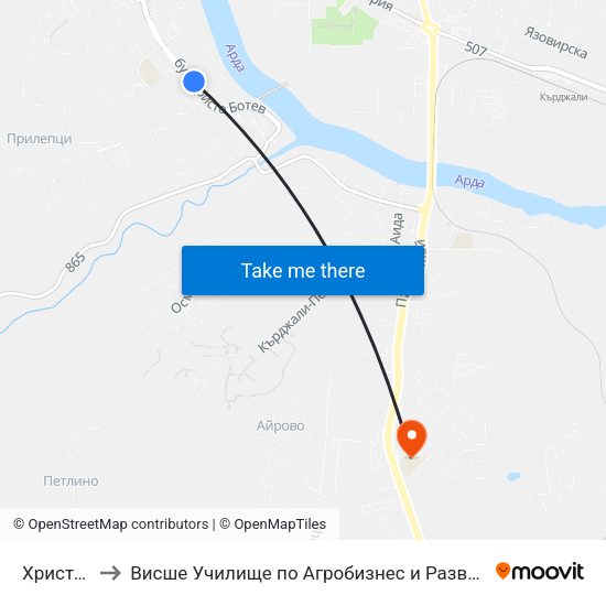 Христо Ботев to Висше Училище по Агробизнес и Развитие на Регионите - Кърджали map