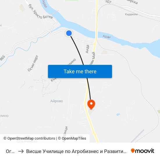 Огоста to Висше Училище по Агробизнес и Развитие на Регионите - Кърджали map
