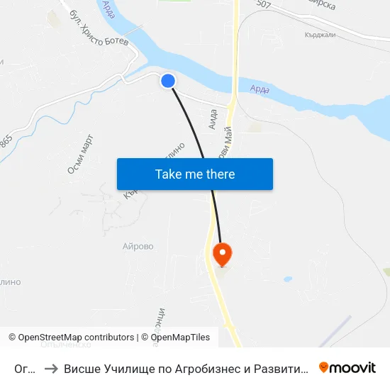 Огоста to Висше Училище по Агробизнес и Развитие на Регионите - Кърджали map