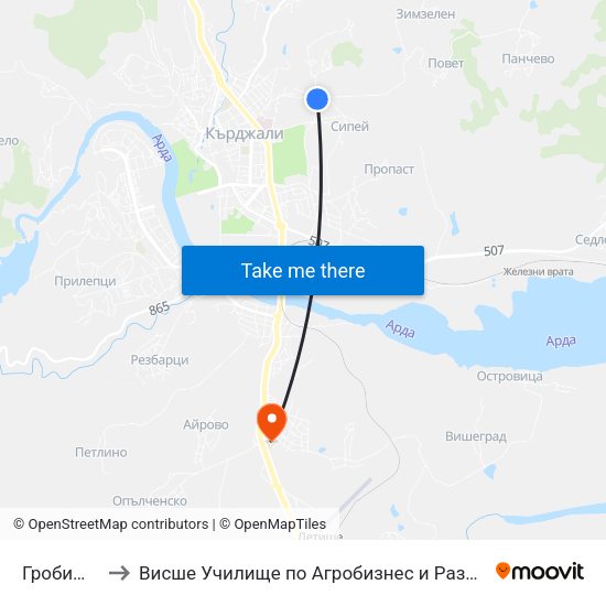 Гробищен Парк to Висше Училище по Агробизнес и Развитие на Регионите - Кърджали map