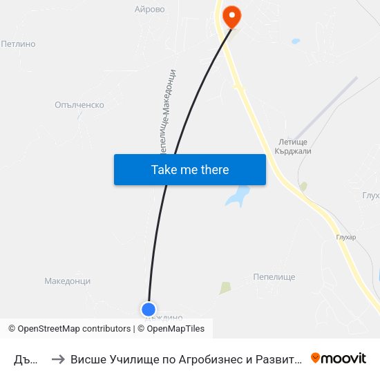 Дъждино to Висше Училище по Агробизнес и Развитие на Регионите - Кърджали map