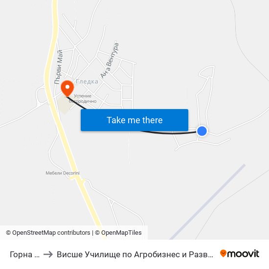 Горна Гледка to Висше Училище по Агробизнес и Развитие на Регионите - Кърджали map