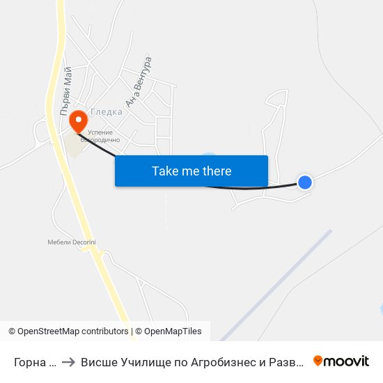 Горна Гледка to Висше Училище по Агробизнес и Развитие на Регионите - Кърджали map