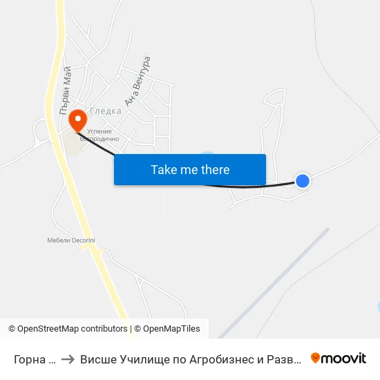 Горна Гледка to Висше Училище по Агробизнес и Развитие на Регионите - Кърджали map