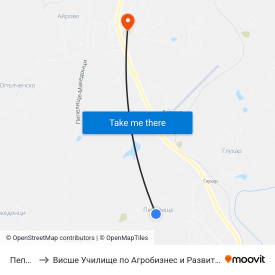 Пепелище to Висше Училище по Агробизнес и Развитие на Регионите - Кърджали map