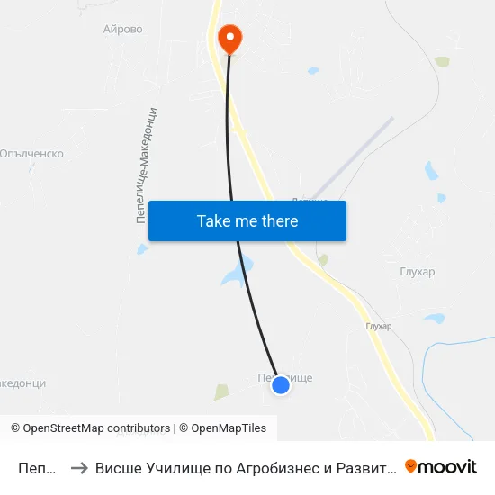 Пепелище to Висше Училище по Агробизнес и Развитие на Регионите - Кърджали map