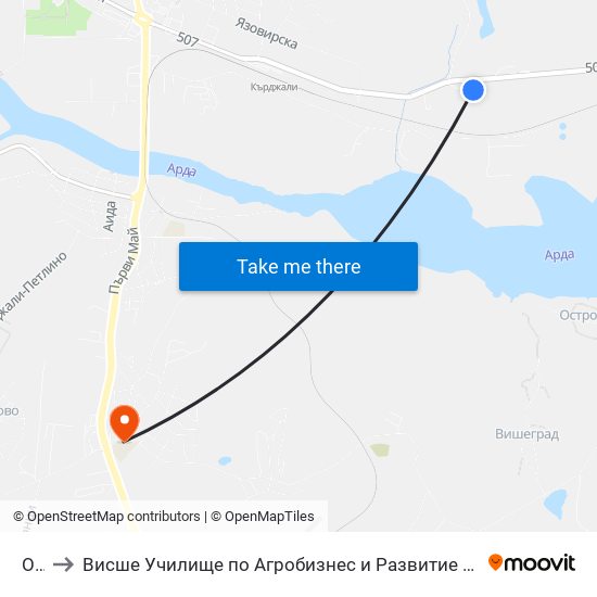 Оцк to Висше Училище по Агробизнес и Развитие на Регионите - Кърджали map