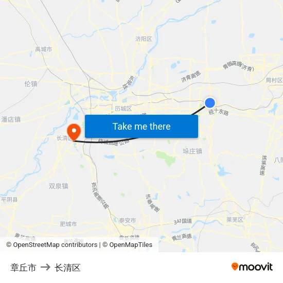 章丘市 to 长清区 map