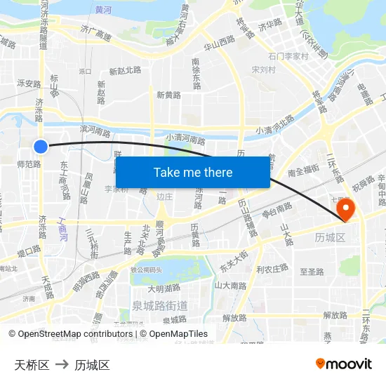 天桥区 to 历城区 map