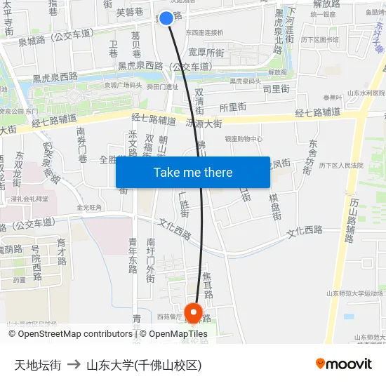 天地坛街 to 山东大学(千佛山校区) map