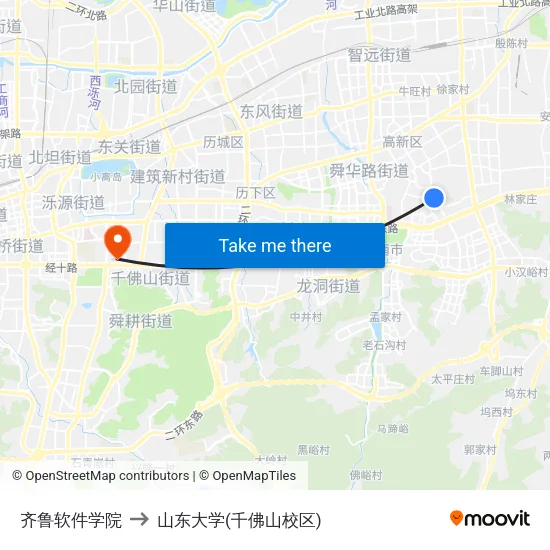 齐鲁软件学院 to 山东大学(千佛山校区) map