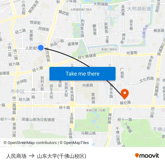 人民商场 to 山东大学(千佛山校区) map