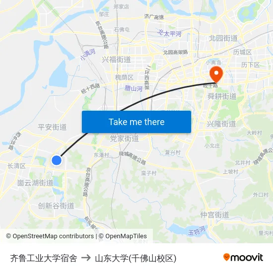 齐鲁工业大学宿舍 to 山东大学(千佛山校区) map