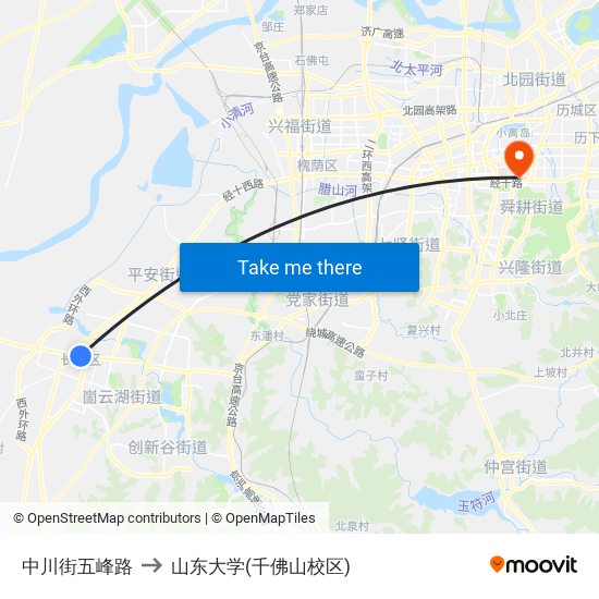 中川街五峰路 to 山东大学(千佛山校区) map