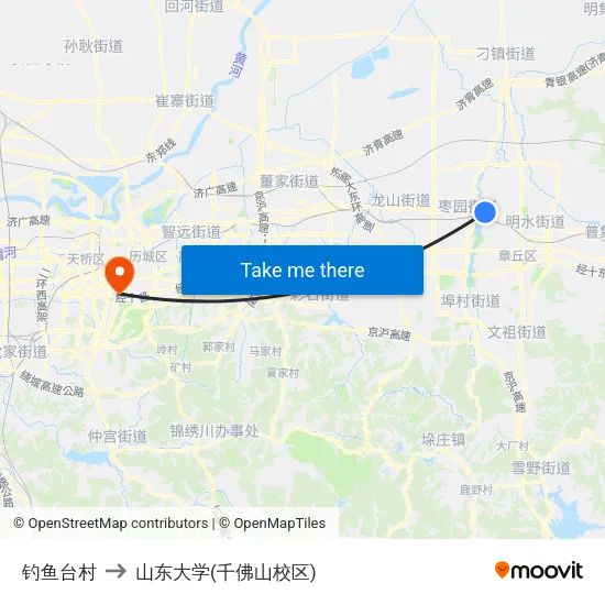 钓鱼台村 to 山东大学(千佛山校区) map