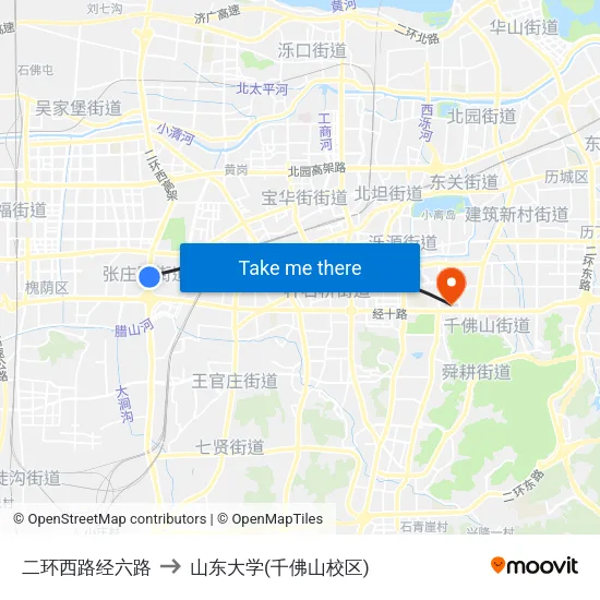二环西路经六路 to 山东大学(千佛山校区) map