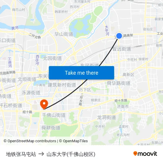 地铁张马屯站 to 山东大学(千佛山校区) map