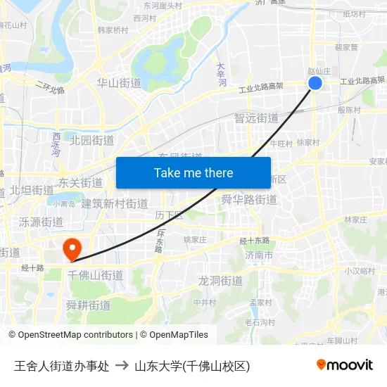 王舍人街道办事处 to 山东大学(千佛山校区) map