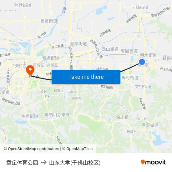 章丘体育公园 to 山东大学(千佛山校区) map