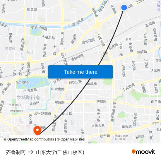 齐鲁制药 to 山东大学(千佛山校区) map