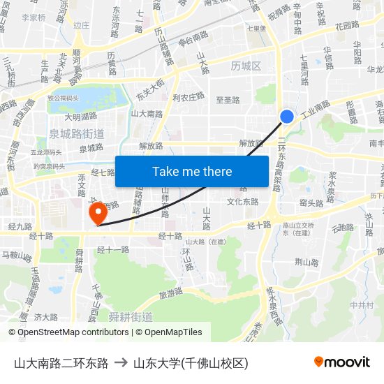 山大南路二环东路 to 山东大学(千佛山校区) map