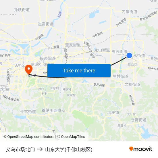 义乌市场北门 to 山东大学(千佛山校区) map