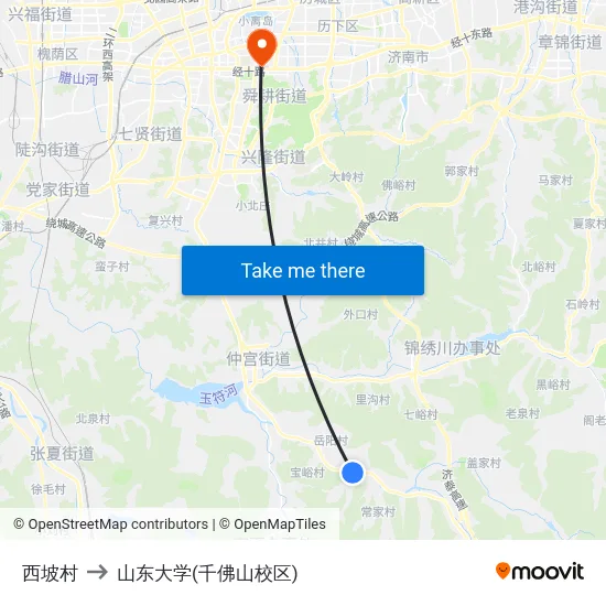 西坡村 to 山东大学(千佛山校区) map