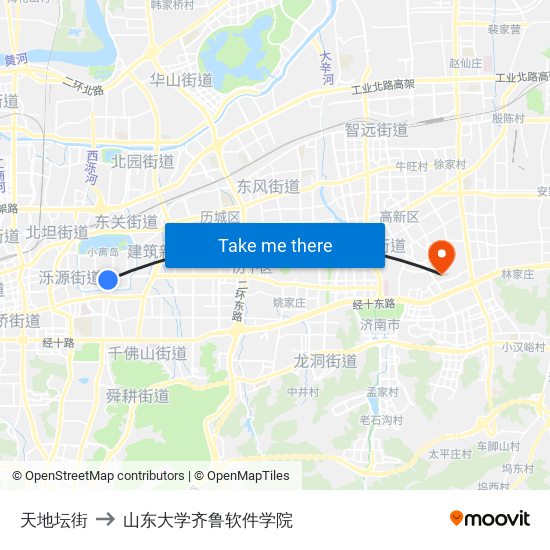 天地坛街 to 山东大学齐鲁软件学院 map