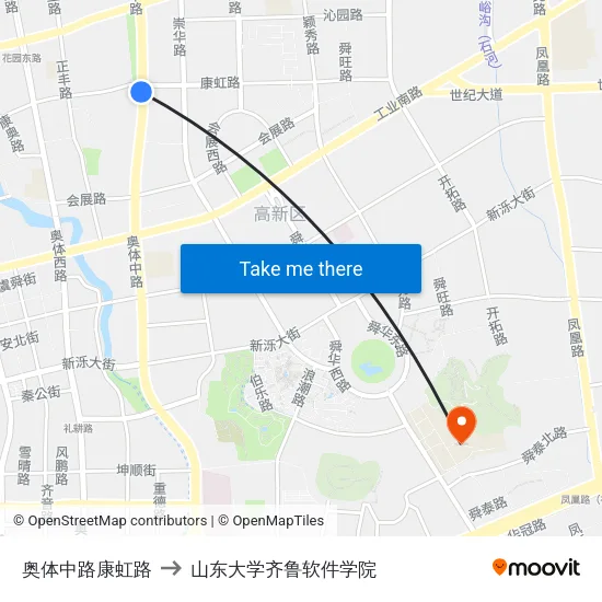 奥体中路康虹路 to 山东大学齐鲁软件学院 map