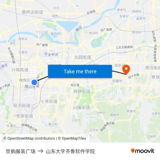 世购服装广场 to 山东大学齐鲁软件学院 map