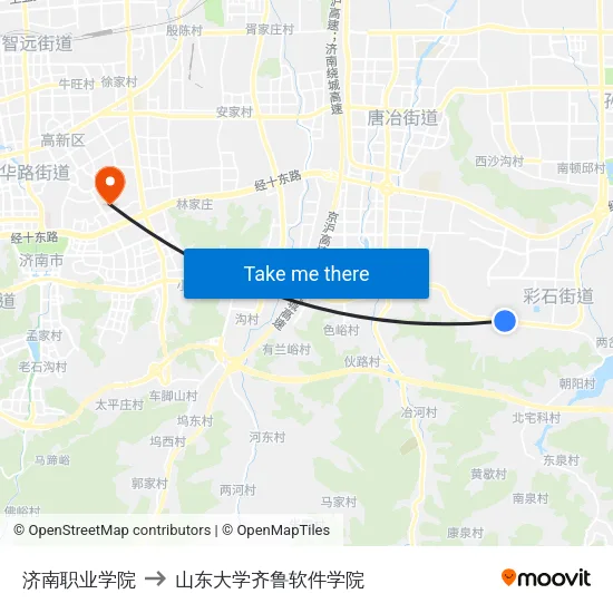 济南职业学院 to 山东大学齐鲁软件学院 map